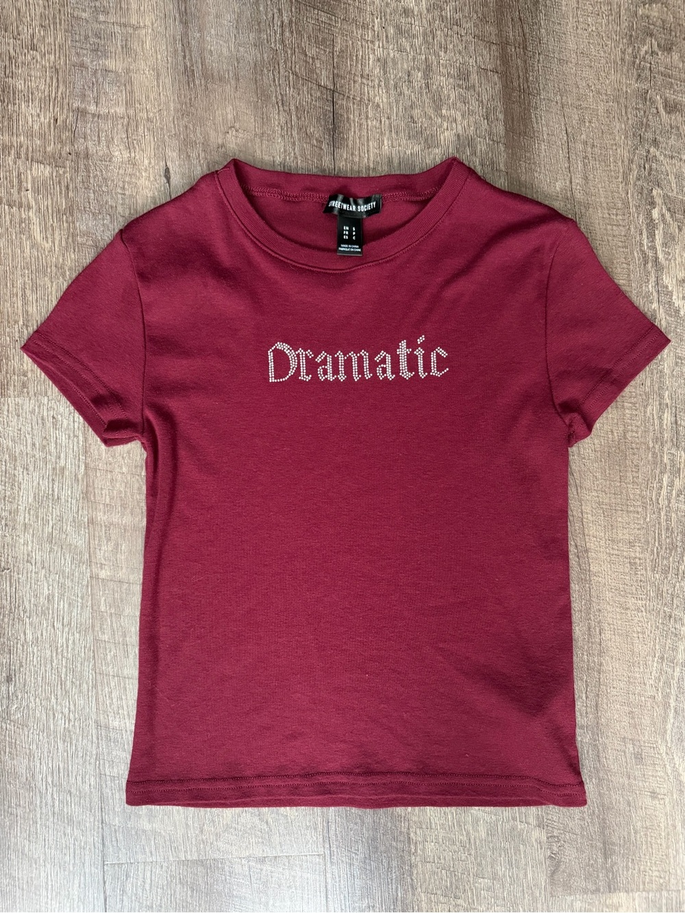 Streetwear Society Burgundy Rhinestone 'Dramatic' Short Sleeve Tee